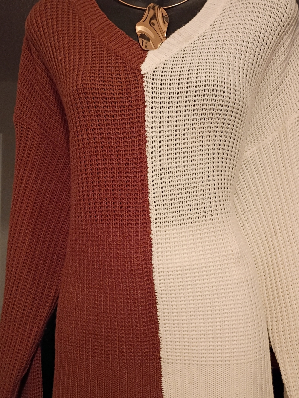 Colorblock Half-and-Half Knit Sweater - Cream & Rust